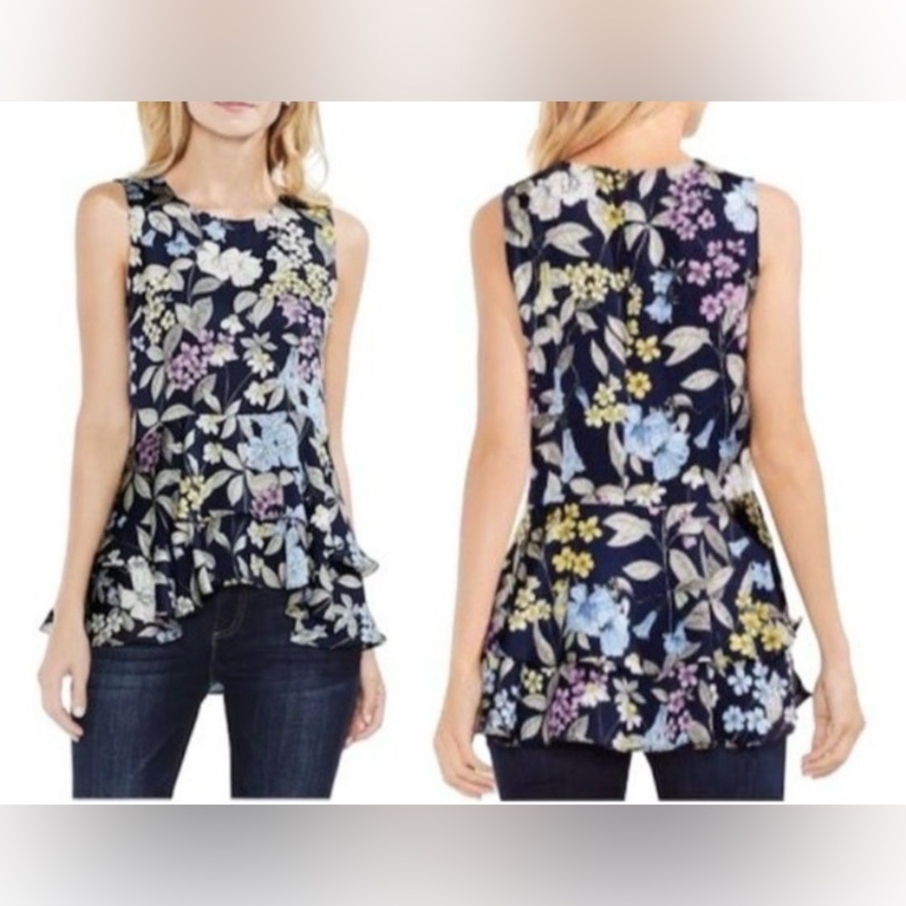 Vince Camuto Navy Floral Peplum Blouse